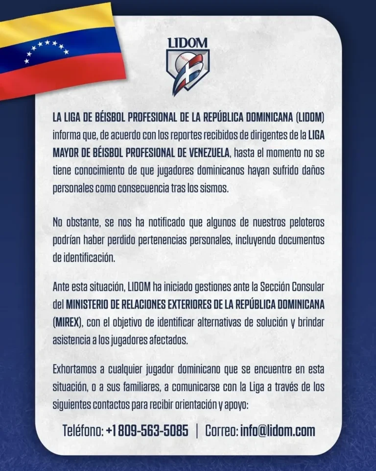 LIDOM gestiona asistencia para peloteros dominicanos afectados por sismos