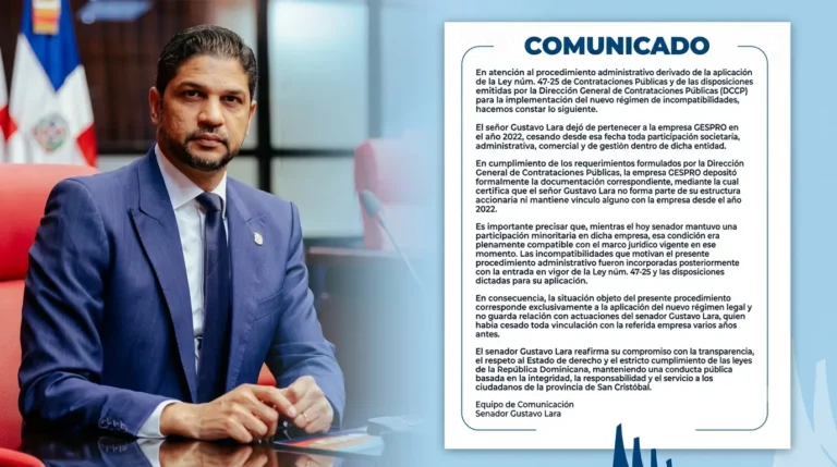Senador Gustavo Lara aclara que desde 2022 no tiene participación societaria, administrativa ni comercial en GESPRO