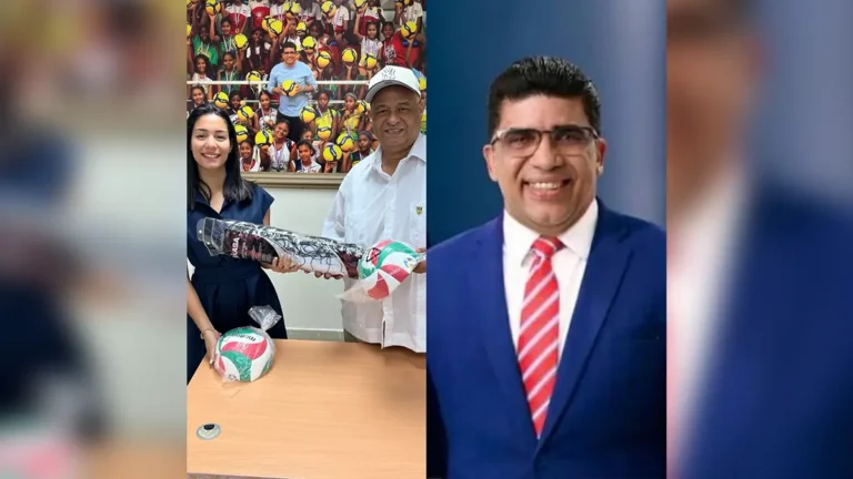Aileen Decamps recibe útiles deportivos de voleibol de parte del director de deportes del ASDE Andrés Liberato.
